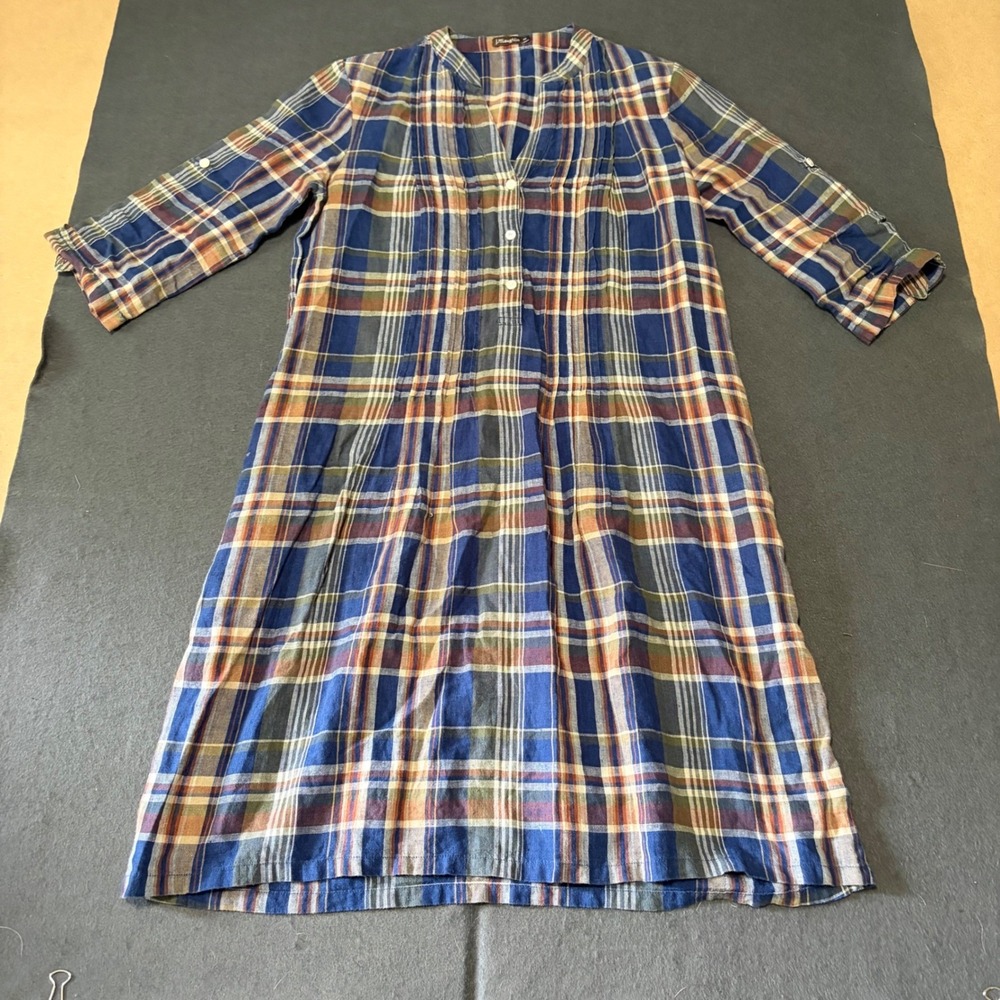 J.McLaughlin Plaid Shirt Dress Womens XS Blue Red Linen Fall Core Prep Cottage